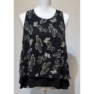 Vision USA Black Chiffon Cactus Print Double Layer Sleeveless Blouse Size Small